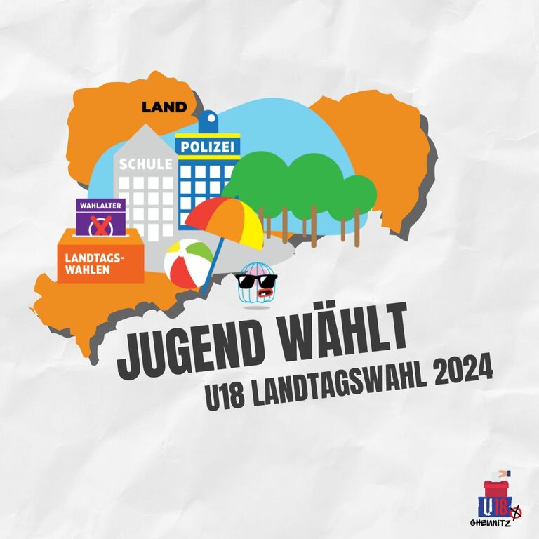 Ein stilisiertes Bild zeigt eine Karte von Sachsen mit Symbolen wie Schule, Polizei, Bäumen und einem Sonnenschirm. In großer Schrift steht: "Jugend wählt - U18 Landtagswahl 2024". Unten rechts befindet sich ein Logo mit "U18 Chemnitz".